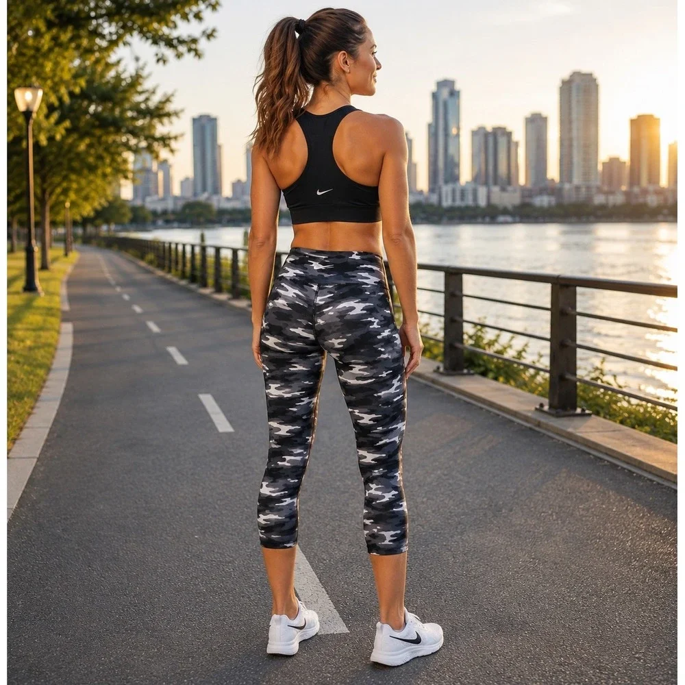 Nike Dri-FIT Running Camo Crop Leggings Black Gray White Women's Small